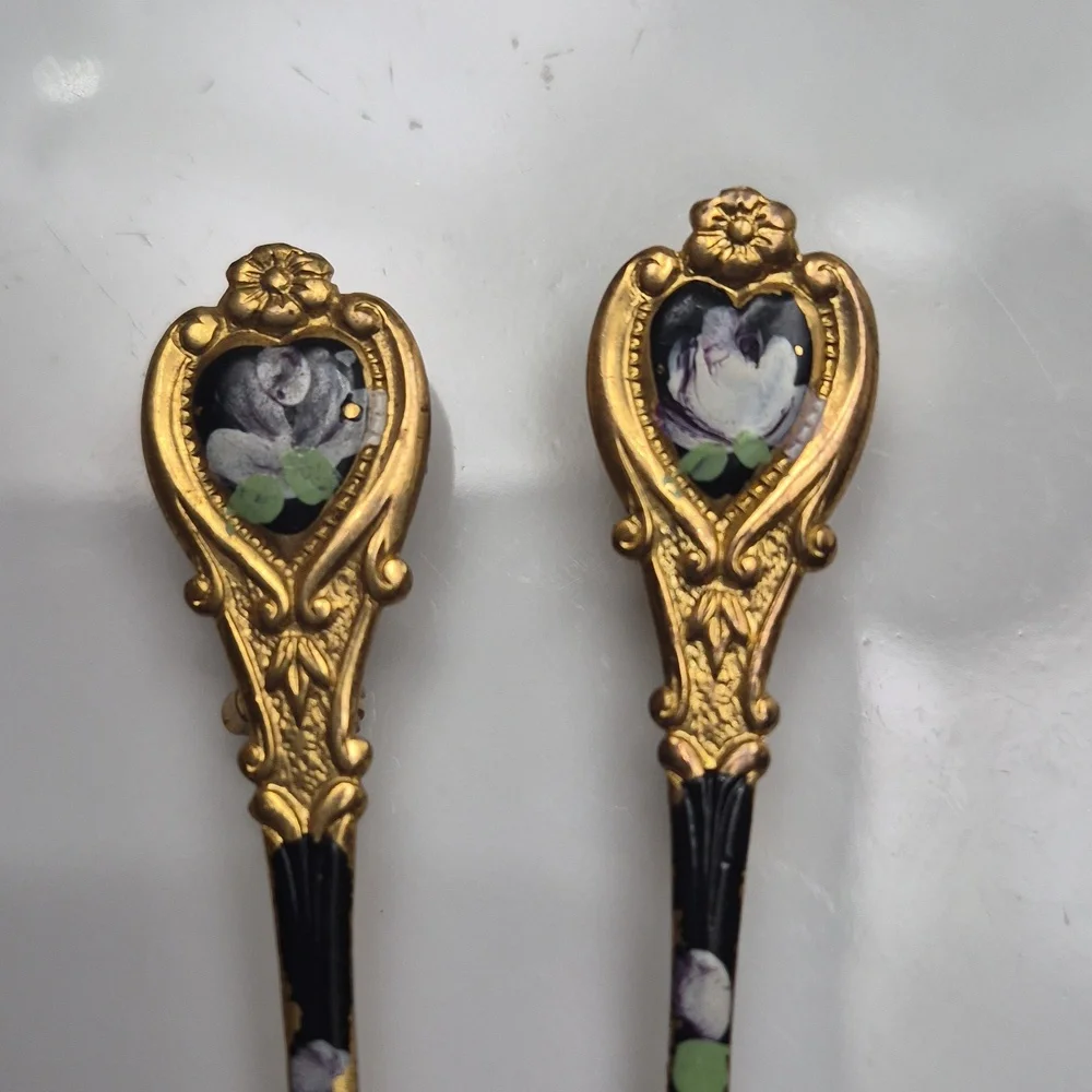Vintage Circa fork & spoon Handpainted pins brooches gold tone metal